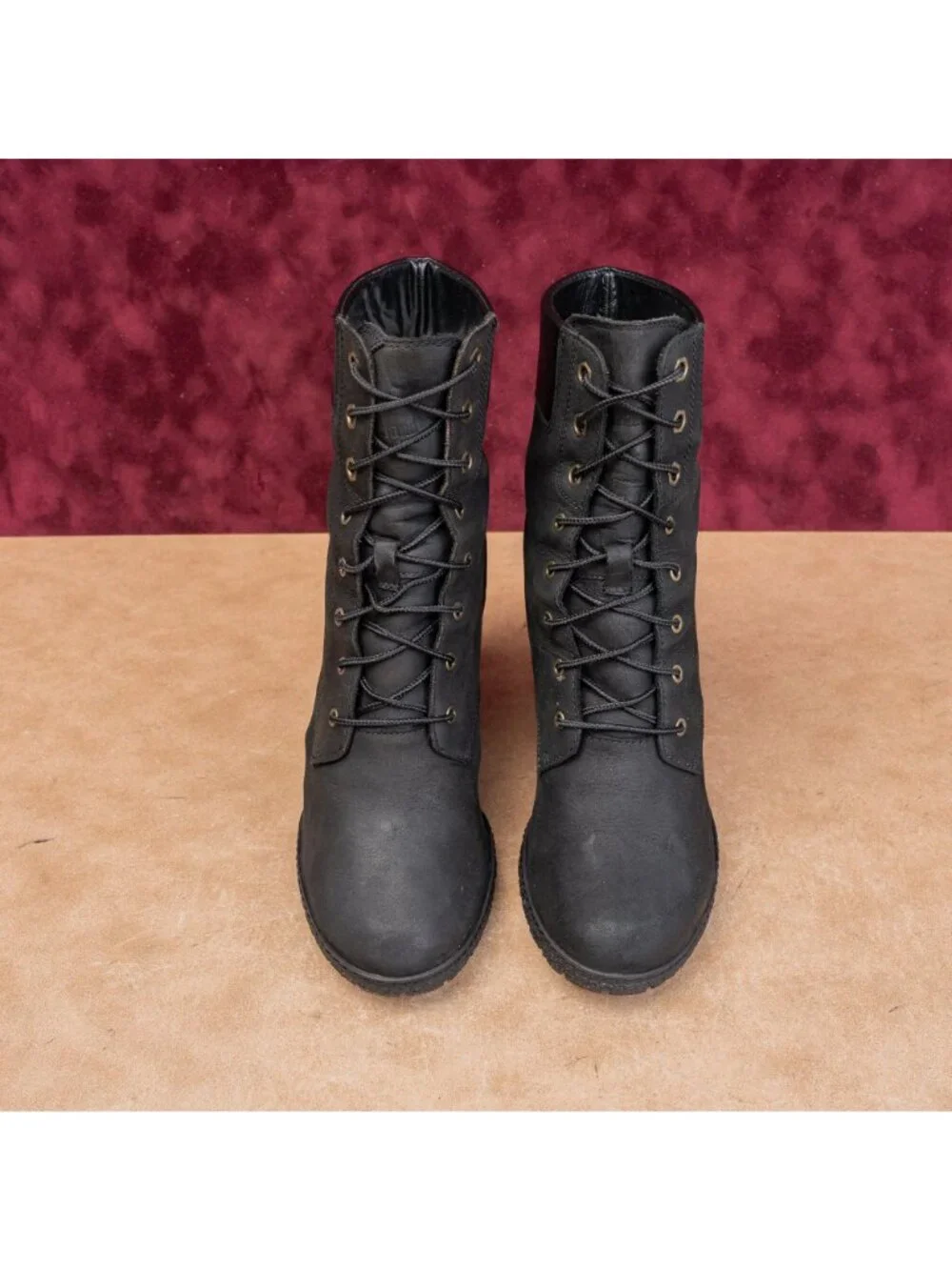 Timberland Women Glancy Lace-up Black Leather Heel Combat Boots sz 8